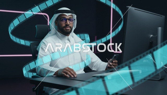 رجل سعودي محرر فيديو مع شريط سينمائي رقمي