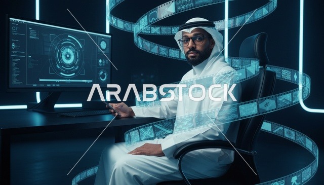 رجل سعودي يعمل مع وسائط رقمية هولوجرامية