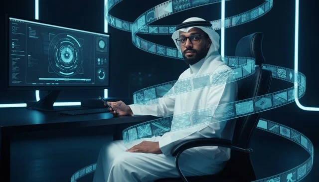 Saudi Man Working with Holographic Digital Media