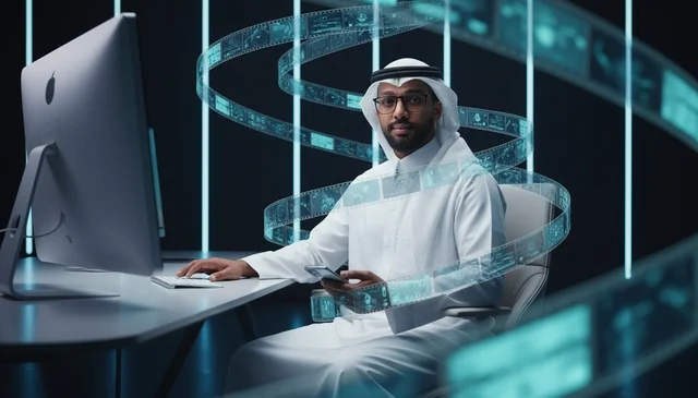 Saudi Man Futuristic Digital Office with Holograms