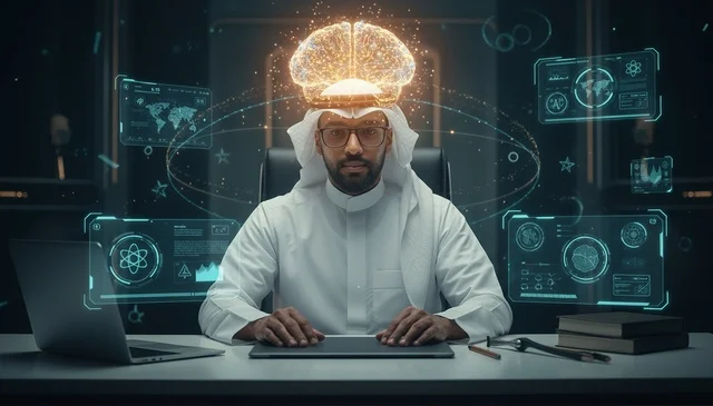 رجل أعمال سعودي مع تقنية الذكاء الاصطناعي والهولوغرام