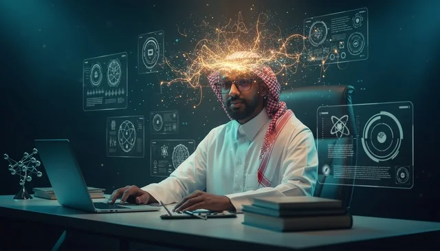 Saudi Man with AI Holographic Interface in Tech Lab
