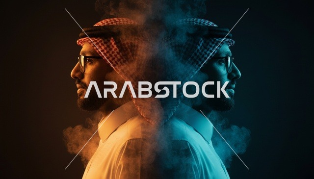 رجل سعودي بالثوب التقليدي مع إضاءة درامية مزدوجة