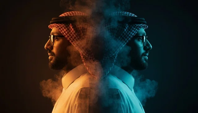 Saudi Man in Traditional Thobe with Dramatic Dual Lighting