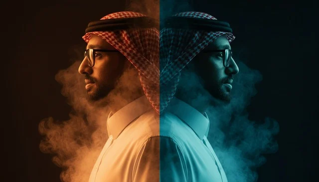 Saudi Man in Traditional Dress with Dual Color Lighting