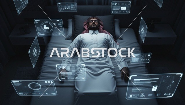 رجل سعودي بالثوب مع شاشات هولوجرام مستقبلية
