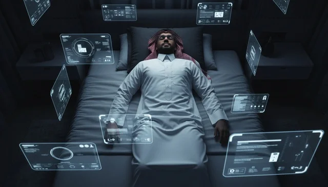 Saudi Man in Thobe with Futuristic Hologram Screens
