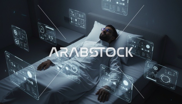 رجل سعودي بالثوب مع واجهات هولوغرام مستقبلية