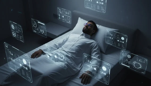 Saudi Man in Thobe with Futuristic Hologram Interfaces