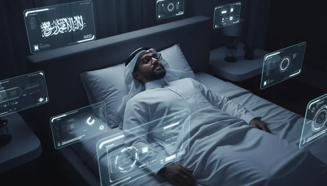 رجل سعودي بالثوب التقليدي مع واجهات هولوغرامية مستقبلية