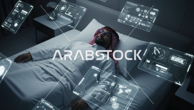 رجل سعودي مع شاشات هولوجرام مستقبلية في الغرفة