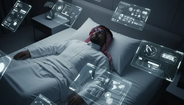 رجل سعودي مع شاشات هولوجرام مستقبلية في الغرفة