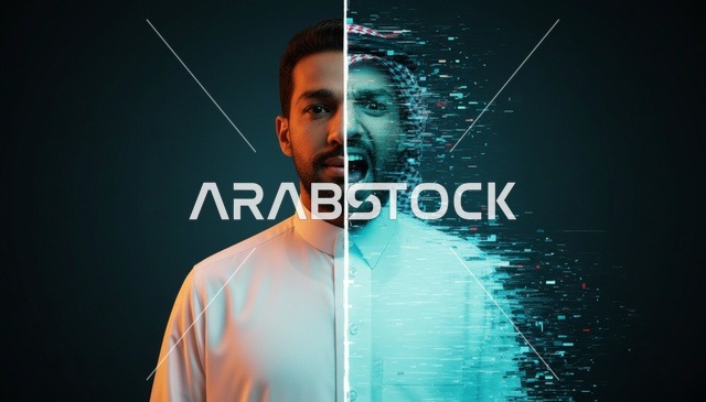رجل سعودي بوجه منقسم وتأثير تشويش رقمي لحالة نفسية