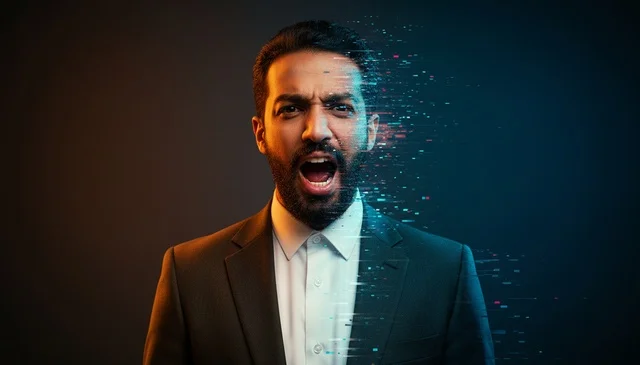 Angry Businessman with Digital Glitch Effect