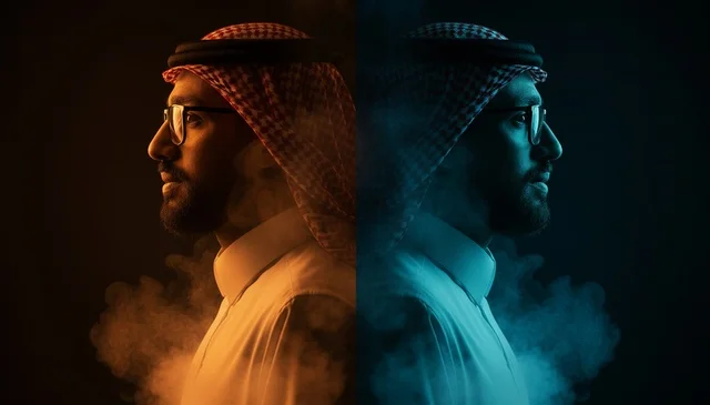 Saudi Man in Traditional Attire with Dual Tone Lighting