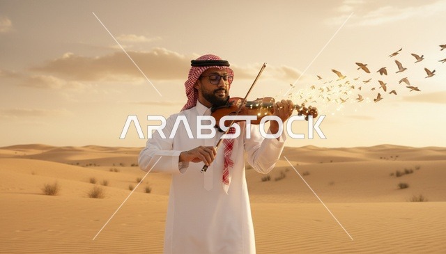رجل سعودي يعزف الكمان في الصحراء عند الغروب