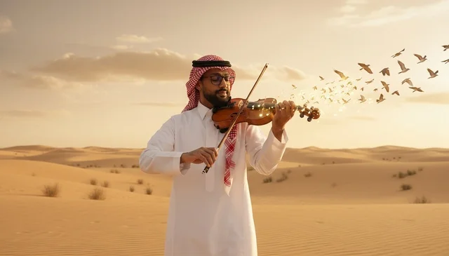 Saudi Man Playing Violin in Desert at Sunset