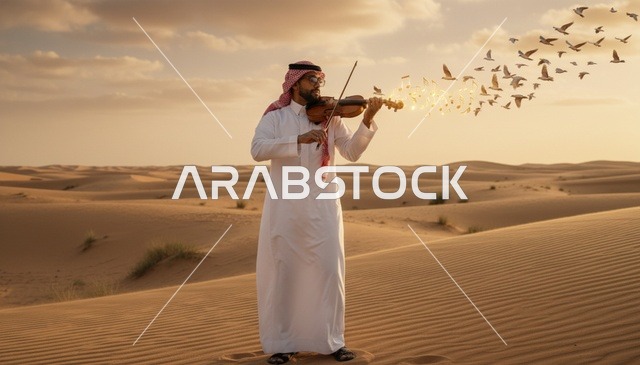 رجل سعودي يعزف الكمان في الصحراء وقت الغروب