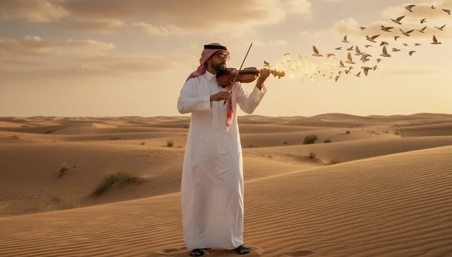 رجل سعودي يعزف الكمان في الصحراء وقت الغروب