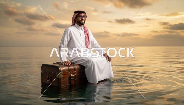 رجل سعودي يجلس على حقيبة في البحر وقت الغروب