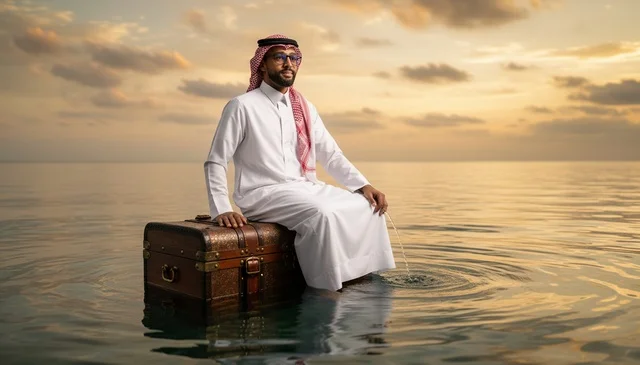 رجل سعودي يجلس على حقيبة في البحر وقت الغروب