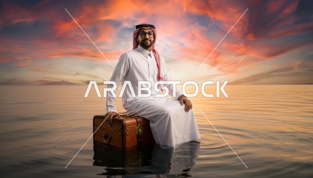 رجل سعودي على حقيبة سفر عائمة عند الغروب