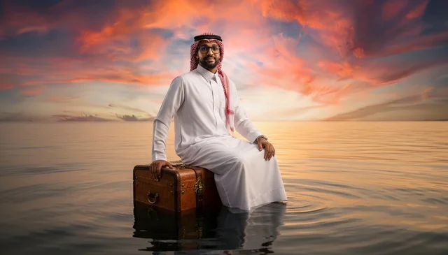 Saudi Man on Floating Suitcase at Sunset