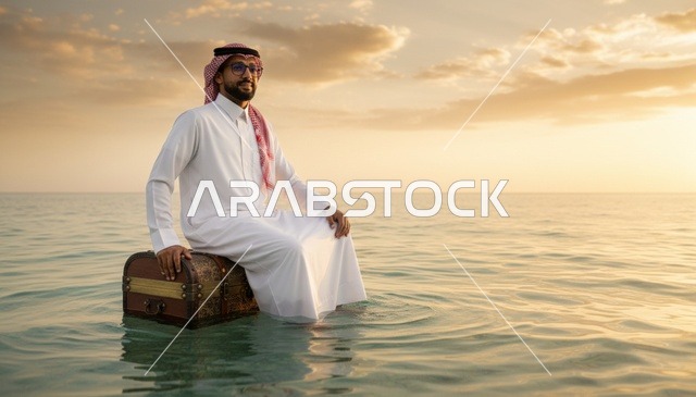 رجل سعودي على صندوق كنز في البحر وقت الغروب