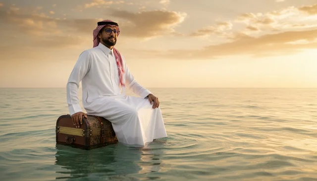 Saudi Man on Treasure Chest at Sea during Sunset