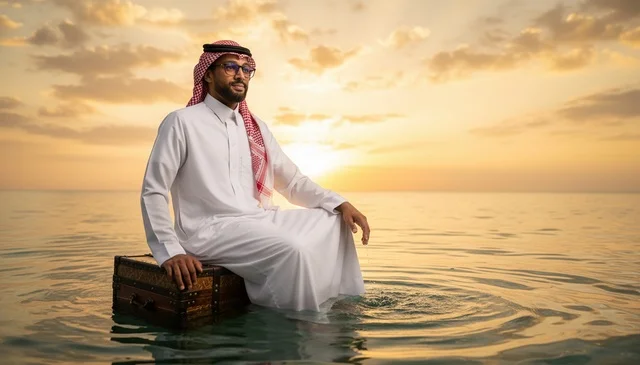 رجل سعودي بالثوب التقليدي فوق حقيبة في البحر