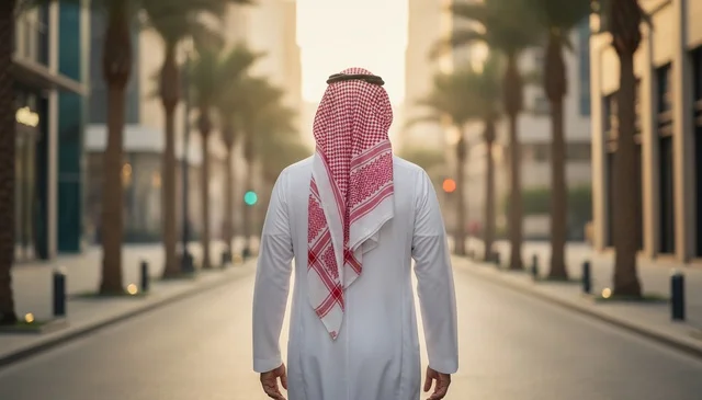 رجل سعودي بالزي التقليدي في شارع عصري