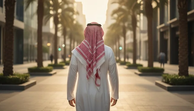 Saudi Man in Traditional Thobe Walking at Sunset