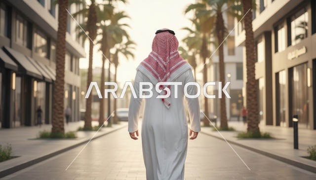 رجل سعودي بالثوب والزي التقليدي في شارع حديث