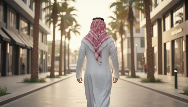 Saudi Man in Thobe Walking on Modern Urban Street