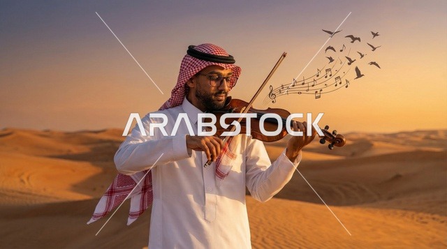 رجل سعودي يعزف الكمان في الصحراء وقت الغروب