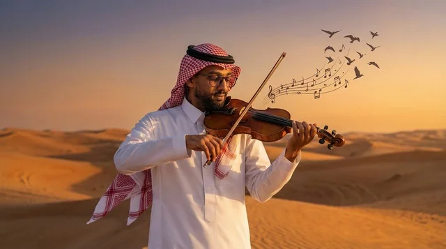 رجل سعودي يعزف الكمان في الصحراء وقت الغروب
