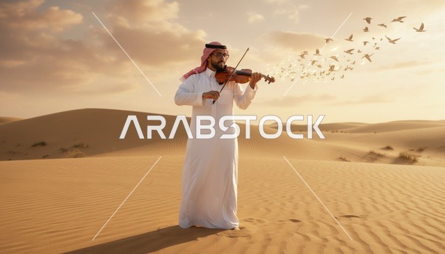 رجل سعودي يعزف الكمان في الصحراء وقت الغروب