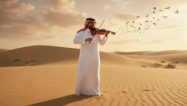 رجل سعودي يعزف الكمان في الصحراء وقت الغروب