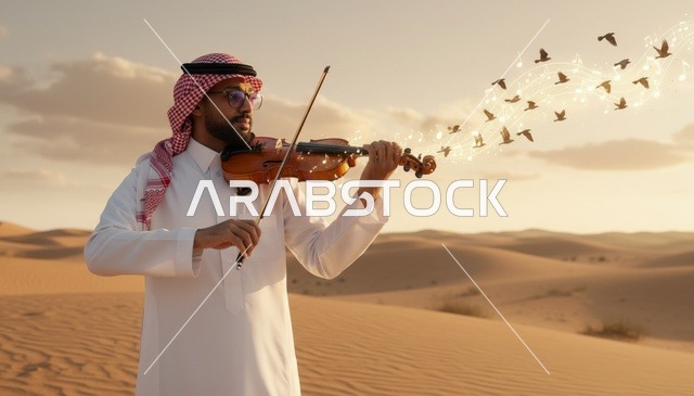 رجل سعودي يعزف على الكمان في الصحراء عند الغروب