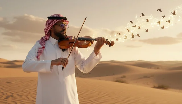 رجل سعودي يعزف على الكمان في الصحراء عند الغروب