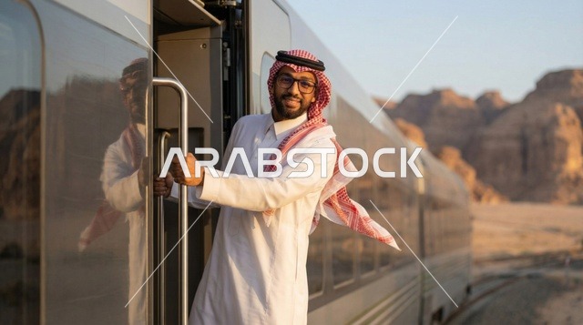 رجل سعودي على متن قطار حديث في الصحراء