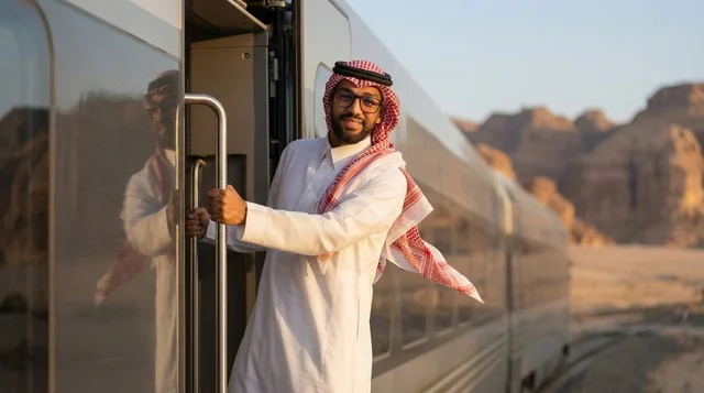 رجل سعودي على متن قطار حديث في الصحراء رجل سعودي على متن قطار حديث في الصحراء