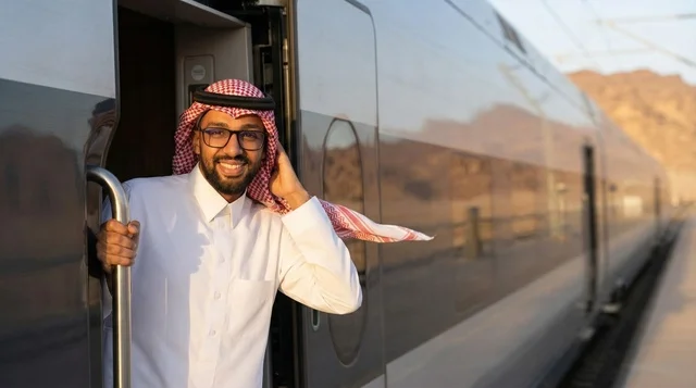 Saudi Man Standing at High Speed Train Door