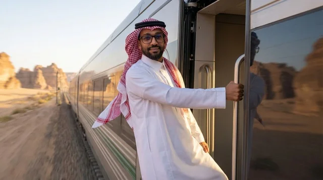 Saudi Man in Traditional Dress on Train in Desert