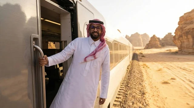 Saudi Man in Traditional Dress on Desert Train Sunset
