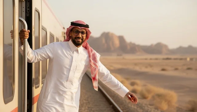 رجل سعودي بالزي التقليدي يسافر بالقطار في الصحراء