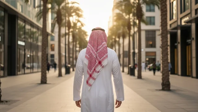 رجل سعودي بالثوب التقليدي يمشي في مدينة حديثة