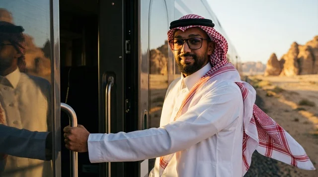 رجل سعودي بالزي التقليدي يصعد قطار في الصحراء