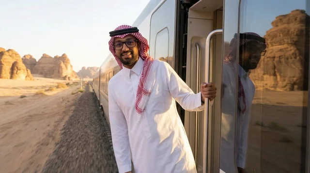 رجل سعودي يسافر بالقطار في صحراء العلا