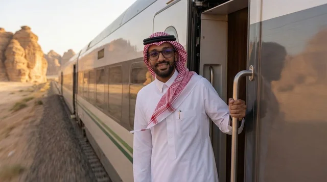 رجل سعودي بالزي التقليدي في قطار وسط الصحراء